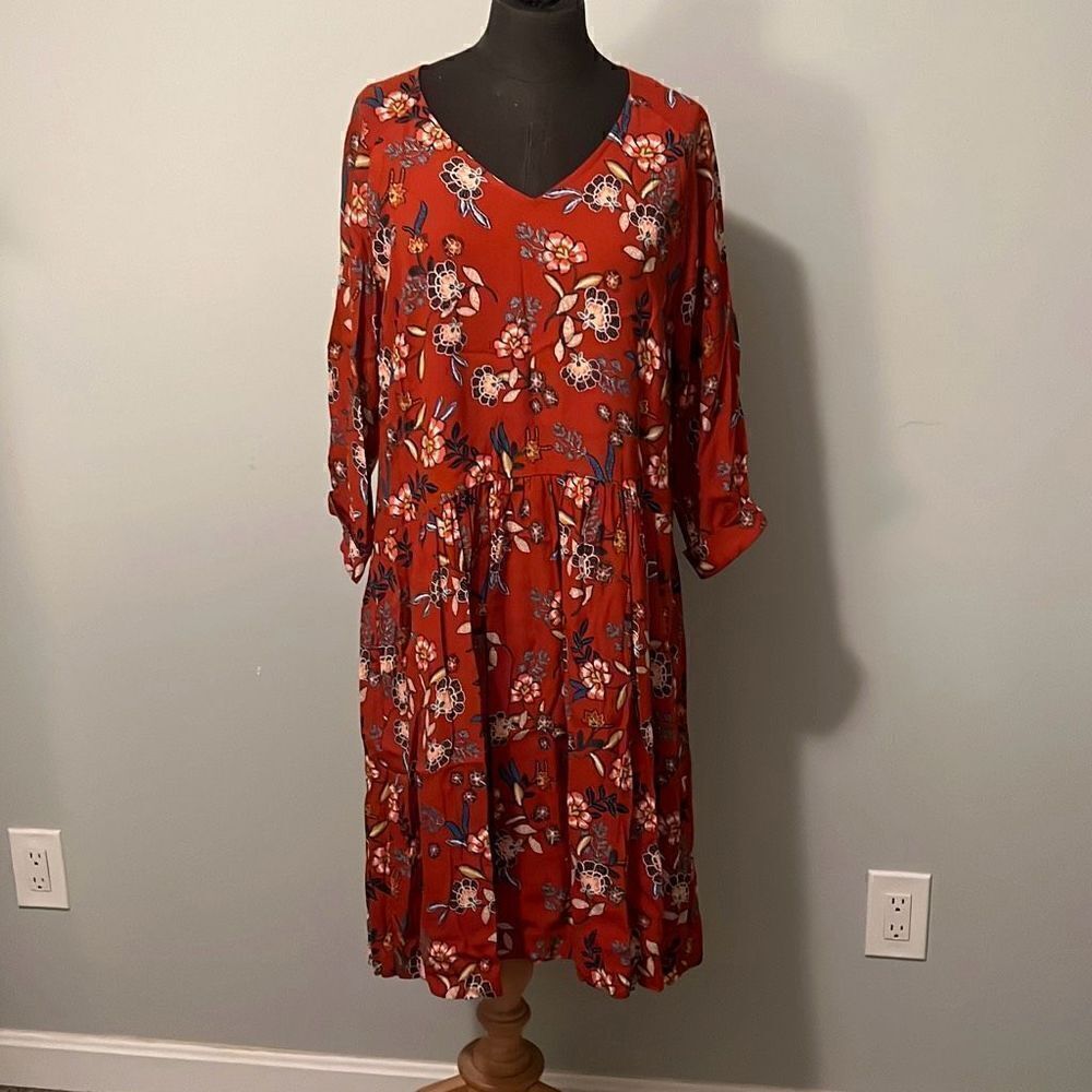 Garnet Hill Women's Red Floral Print Roll Tab Sleeve Midi Dress Size 12
